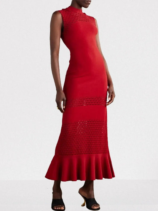 Sleeveless Lattice-Knit Mock-Neck Maxi Dress - S / Red - Dresses