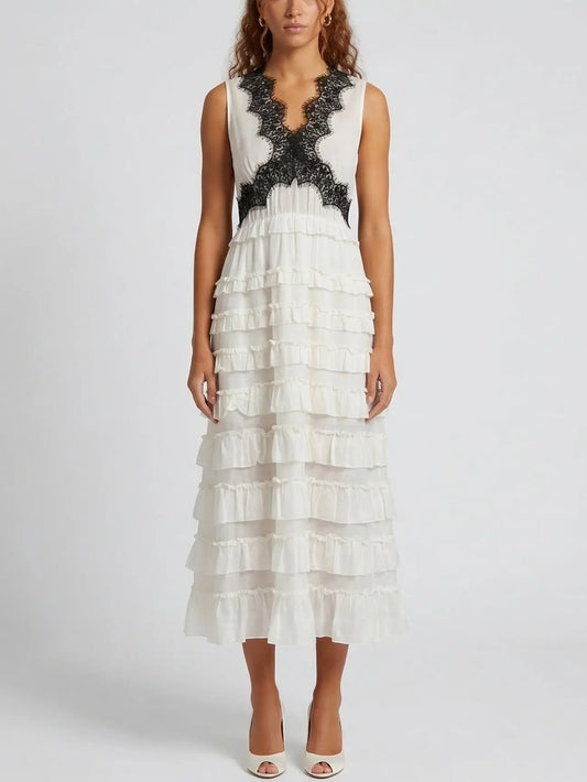 Sleeveless Ruffle Midi Dress with Lace Trim - Small / White - Dresses