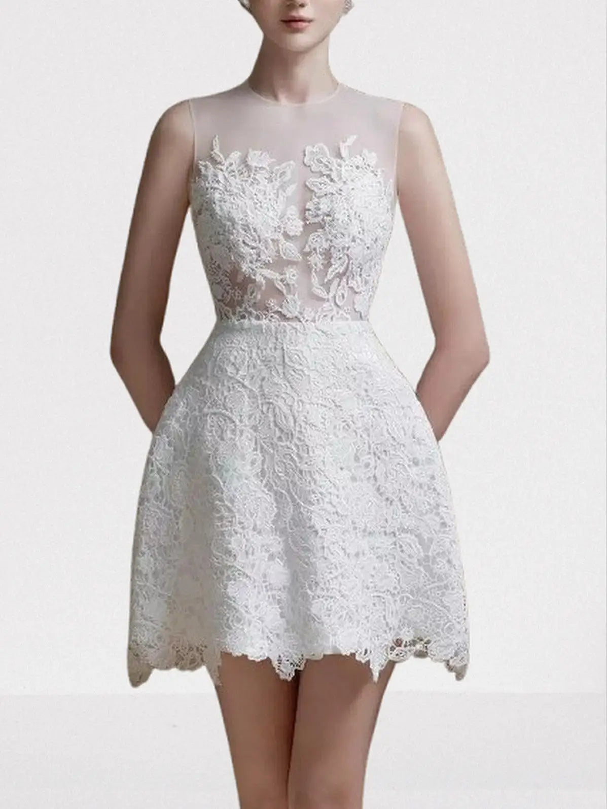 Sleeveless White Lace Mini Dress and Cropped Jacket - S - Dresses