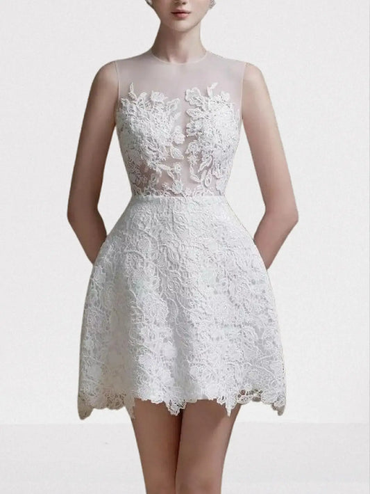 Sleeveless White Lace Mini Dress and Cropped Jacket - S - Dresses