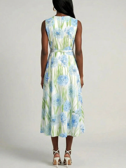 Sleeveless Blue Floral Belted Midi Dress - Dresses