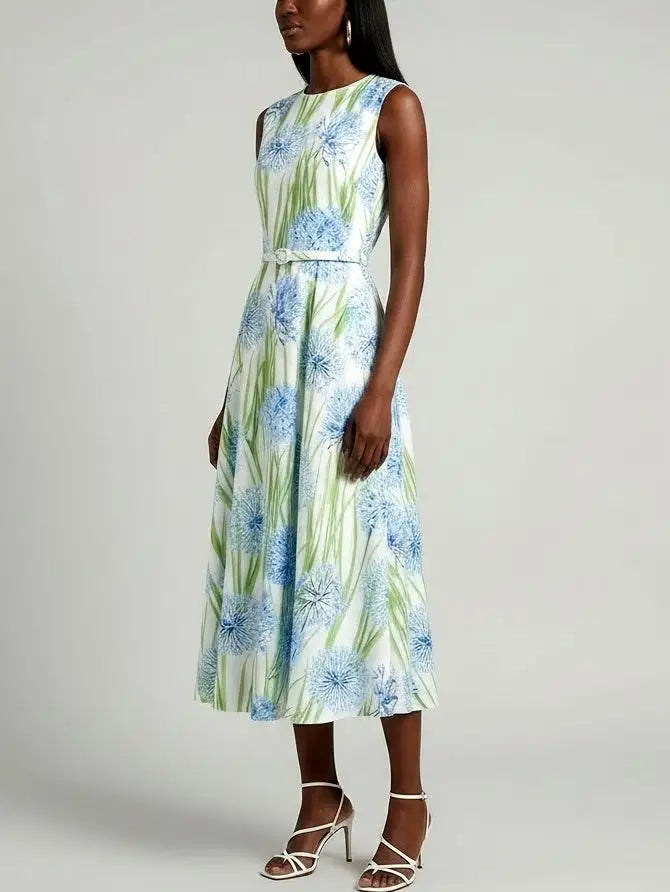 Sleeveless Blue Floral Belted Midi Dress - Dresses