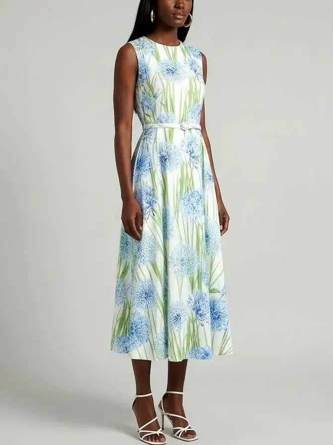 Sleeveless Blue Floral Belted Midi Dress - Dresses