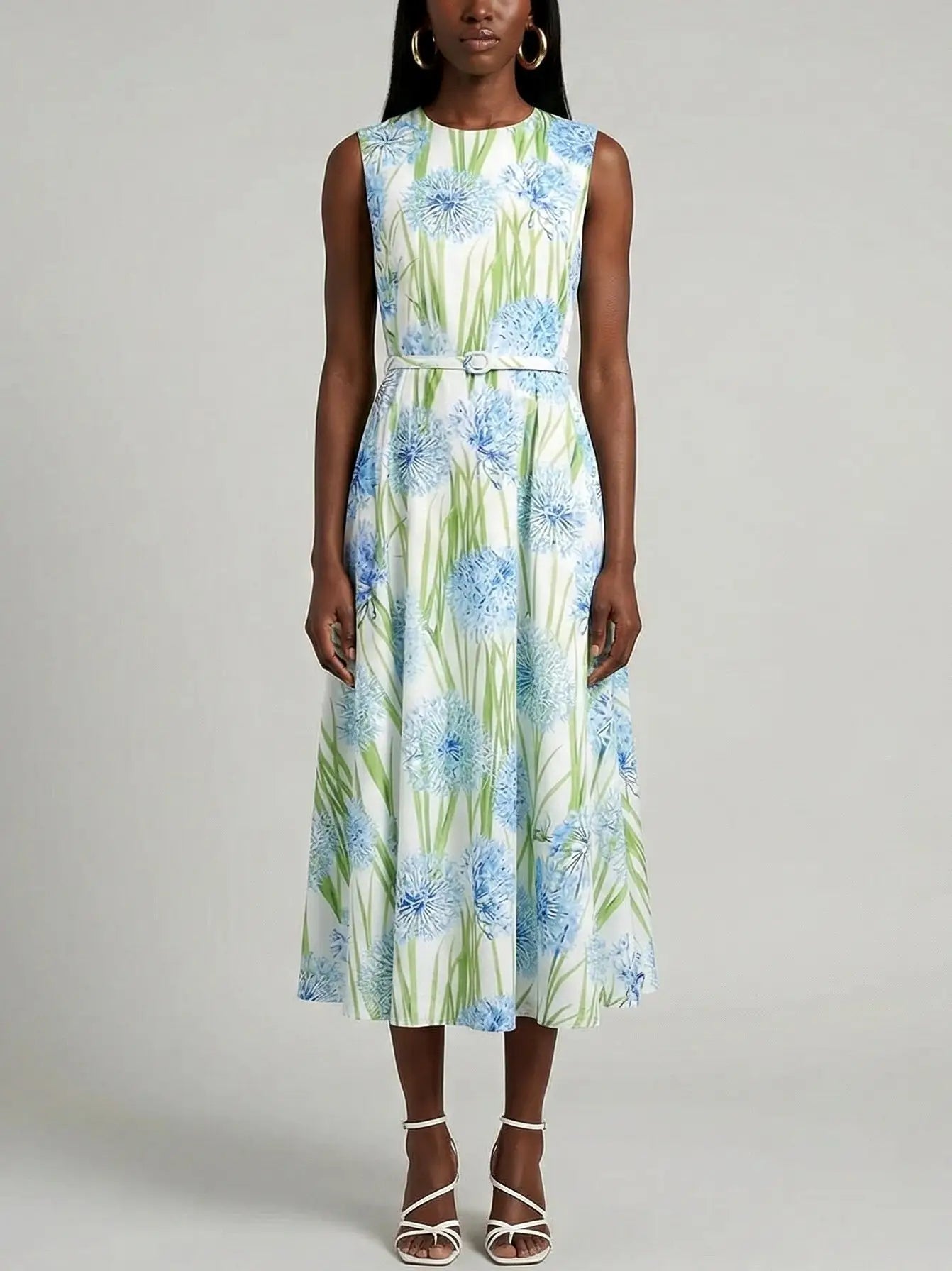 Sleeveless Blue Floral Belted Midi Dress - Dresses