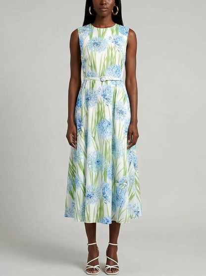 Sleeveless Blue Floral Belted Midi Dress - Dresses
