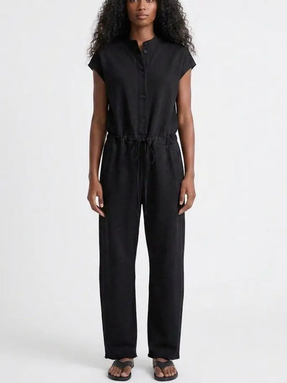 Sleeveless Button Front Drawstring Waist Jumpsuit - Small / Black - Suits & Sets