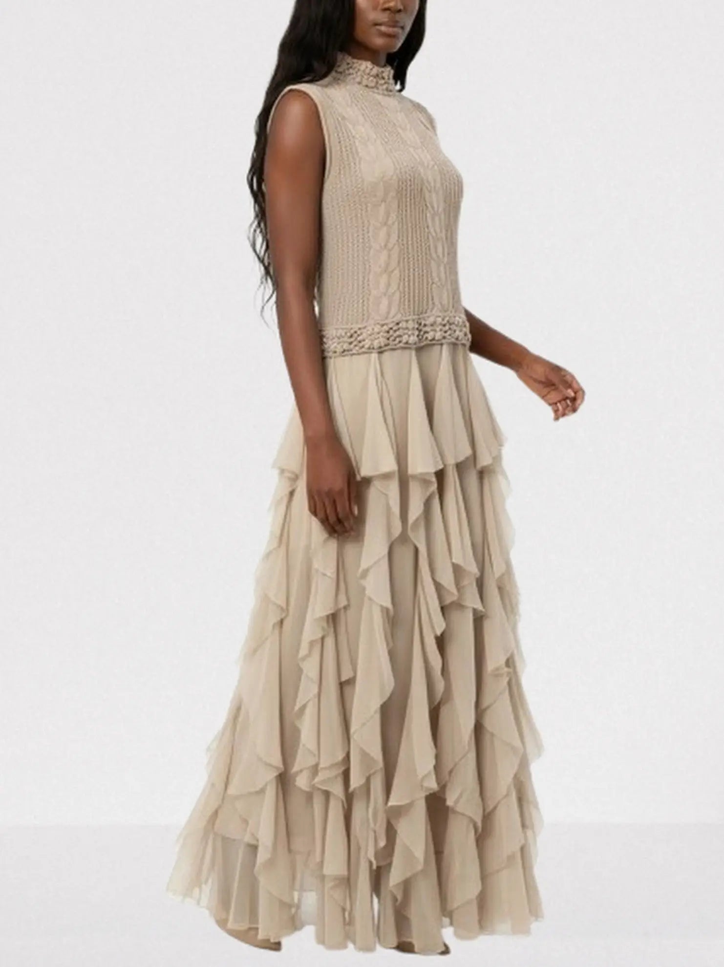 Sleeveless Cable-Knit & Ruffled Maxi Dress in Beige - Dresses