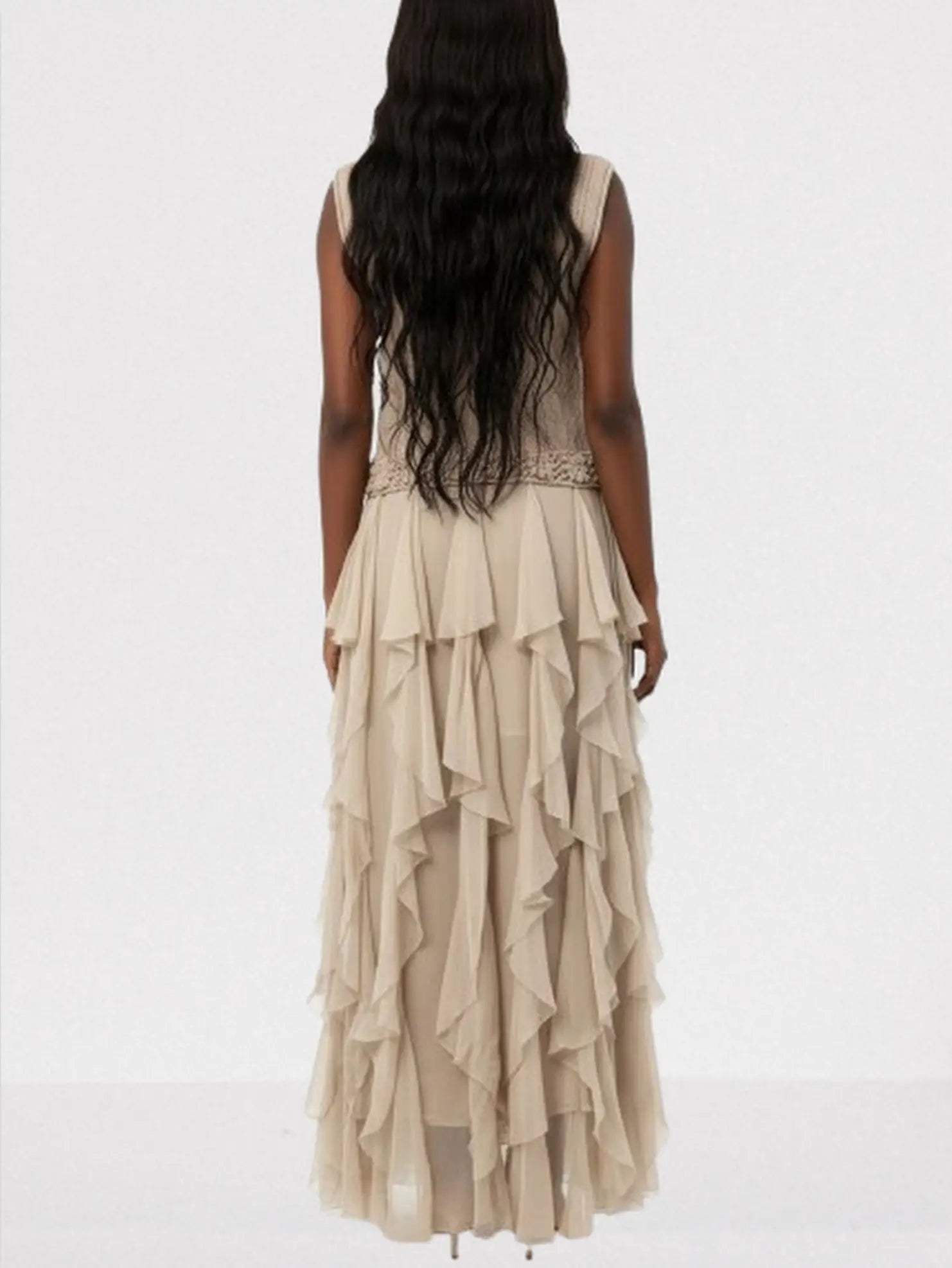 Sleeveless Cable-Knit & Ruffled Maxi Dress in Beige - Dresses