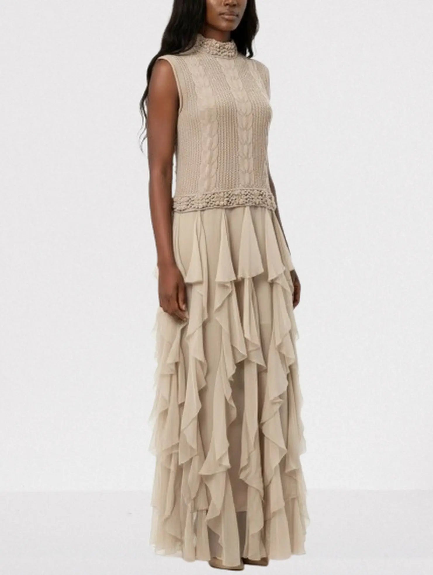 Sleeveless Cable-Knit & Ruffled Maxi Dress in Beige - Dresses