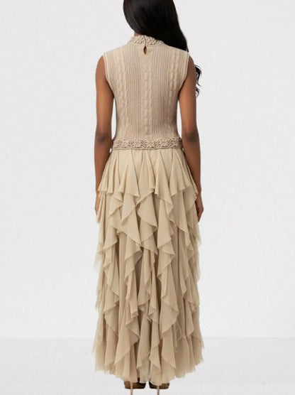 Sleeveless Cable-Knit & Ruffled Maxi Dress in Beige - Dresses