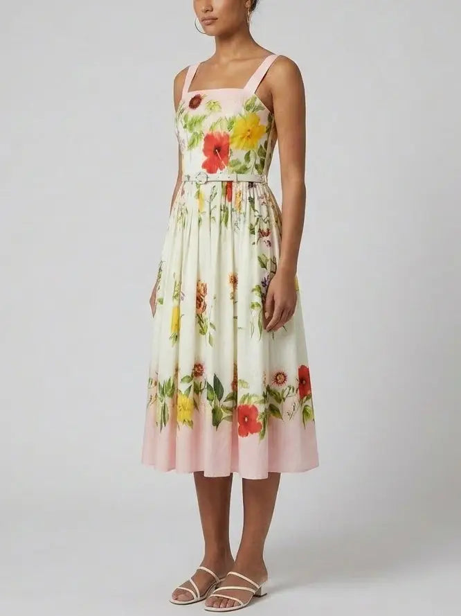 Sleeveless Floral Belted Cotton Midi Dress - Dresses