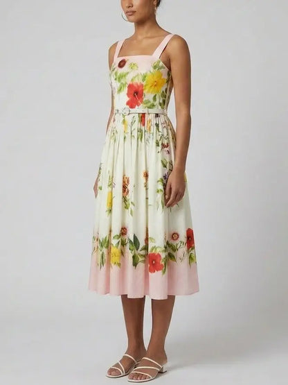 Sleeveless Floral Belted Cotton Midi Dress - Dresses