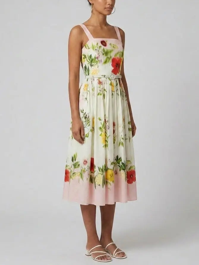 Sleeveless Floral Belted Cotton Midi Dress - Dresses