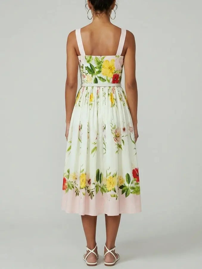 Sleeveless Floral Belted Cotton Midi Dress - Dresses