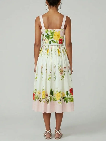 Sleeveless Floral Belted Cotton Midi Dress - Dresses