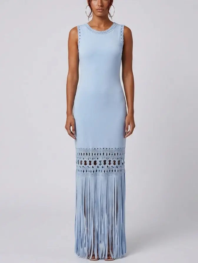 Sleeveless Fringe Hem Maxi Dress with Openwork Trim - S / Light Blue - Dresses