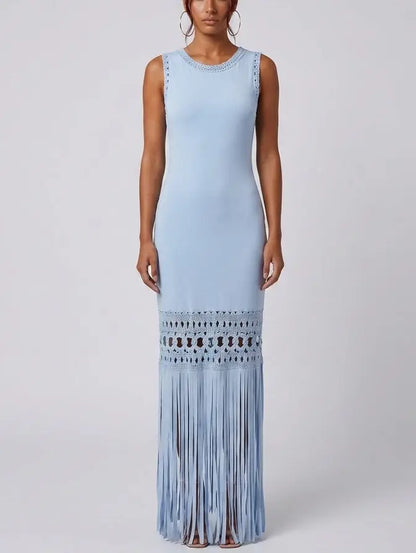 Sleeveless Fringe Hem Maxi Dress with Openwork Trim - S / Light Blue - Dresses