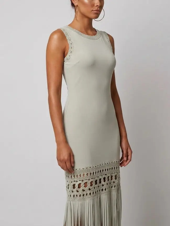 Sleeveless Fringe Hem Maxi Dress with Openwork Trim - Dresses