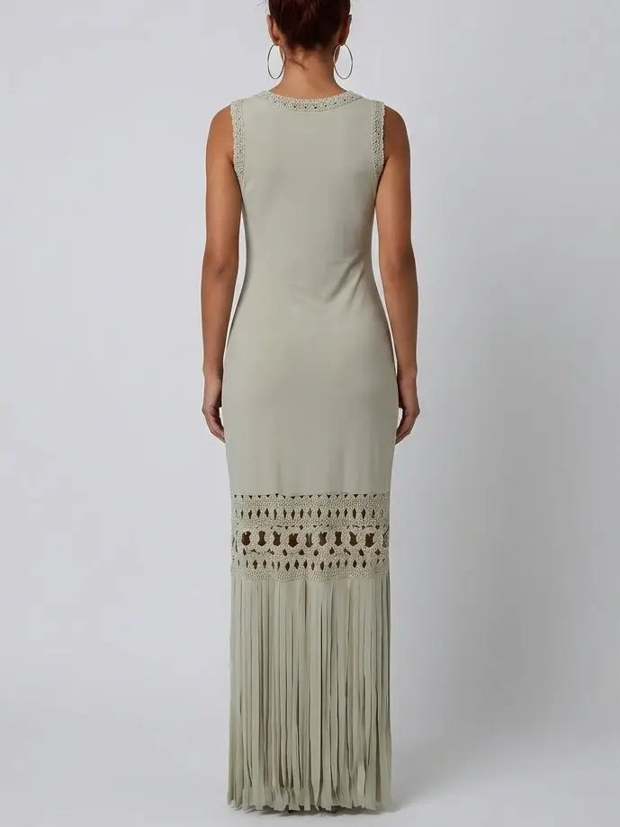 Sleeveless Fringe Hem Maxi Dress with Openwork Trim - Dresses
