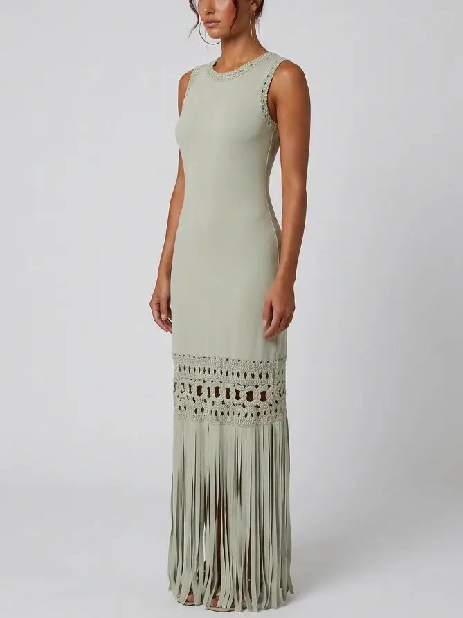 Sleeveless Fringe Hem Maxi Dress with Openwork Trim - Dresses