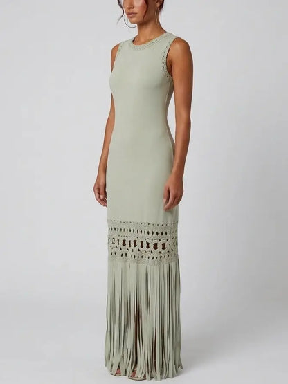 Sleeveless Fringe Hem Maxi Dress with Openwork Trim - Dresses