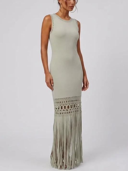 Sleeveless Fringe Hem Maxi Dress with Openwork Trim - Dresses