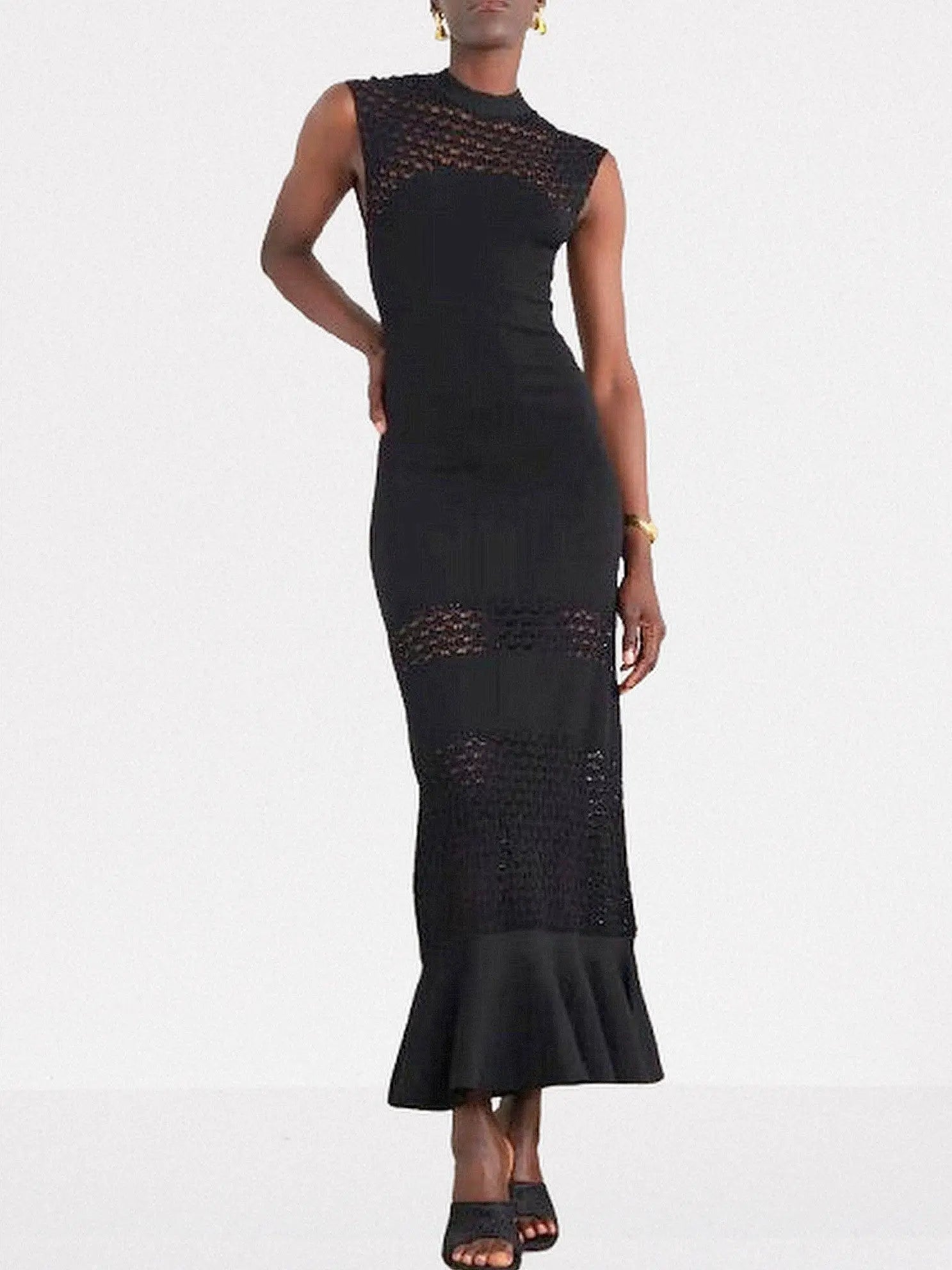 Sleeveless Lattice-Knit Mock-Neck Maxi Dress - S / Black - Dresses