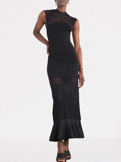Sleeveless Lattice-Knit Mock-Neck Maxi Dress - S / Black - Dresses