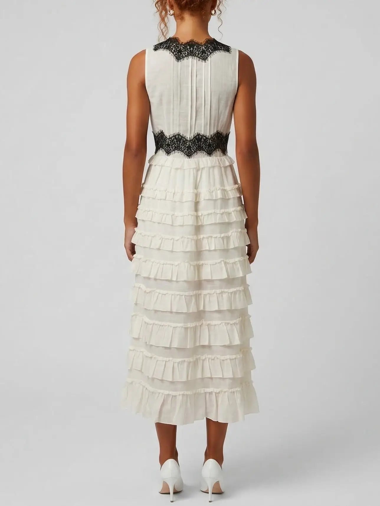 Sleeveless Ruffle Midi Dress with Lace Trim - Dresses