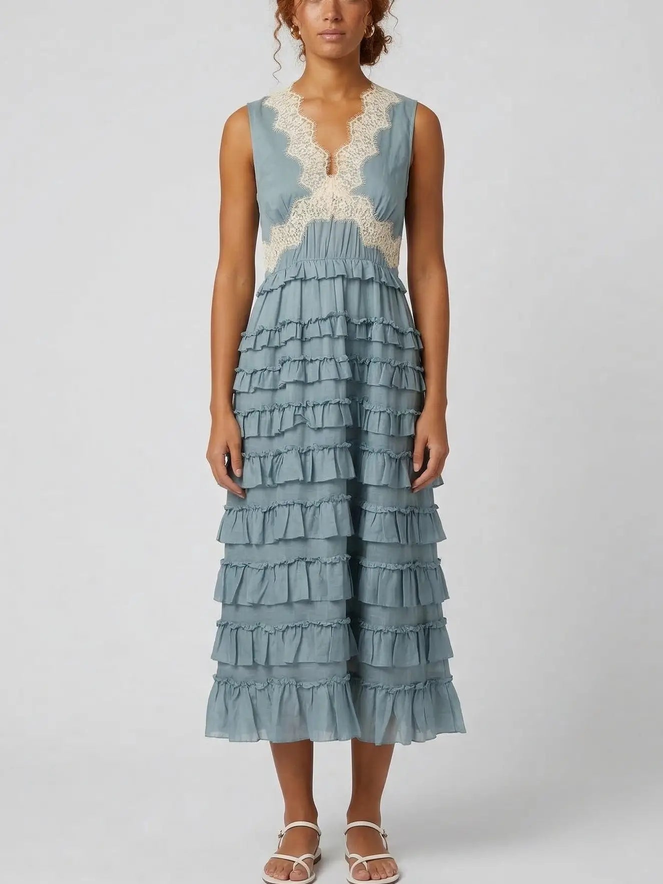 Sleeveless Ruffle Midi Dress with Lace Trim - Small / Blue - Dresses