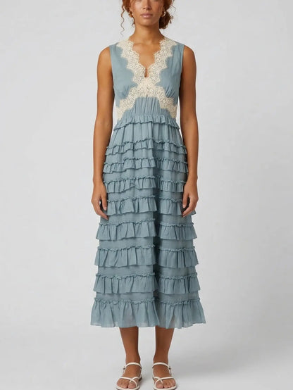 Sleeveless Ruffle Midi Dress with Lace Trim - Small / Blue - Dresses