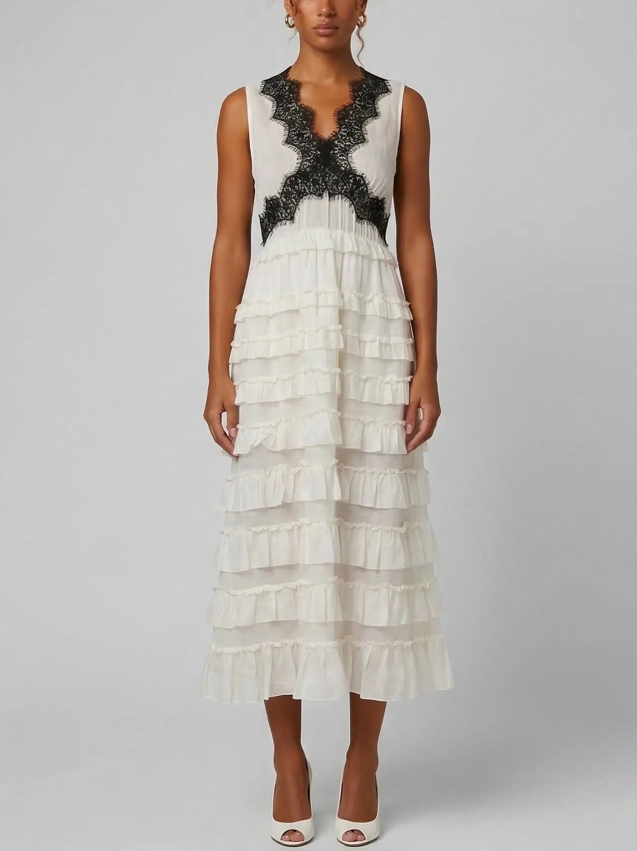 Sleeveless Ruffle Midi Dress with Lace Trim - Dresses