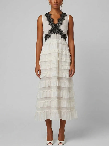 Sleeveless Ruffle Midi Dress with Lace Trim - Dresses