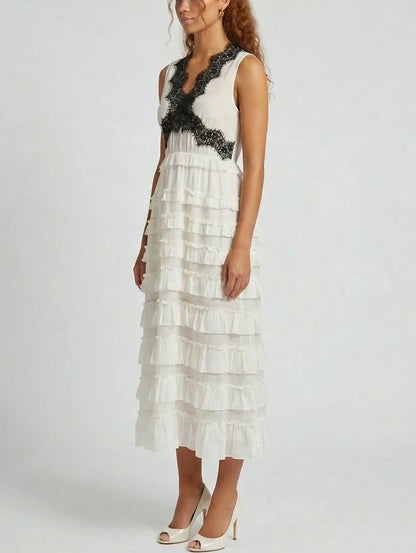 Sleeveless Ruffle Midi Dress with Lace Trim - Dresses