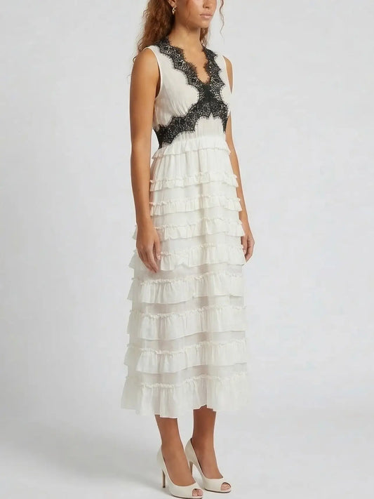 Sleeveless Ruffle Midi Dress with Lace Trim - Dresses