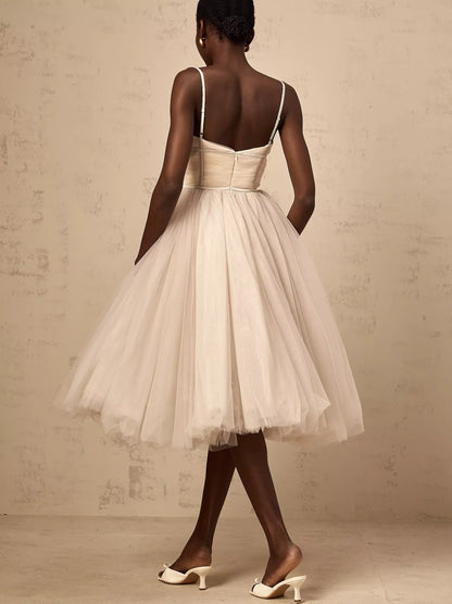 Bow-Detail Sleeveless Tulle Flared Midi Dress