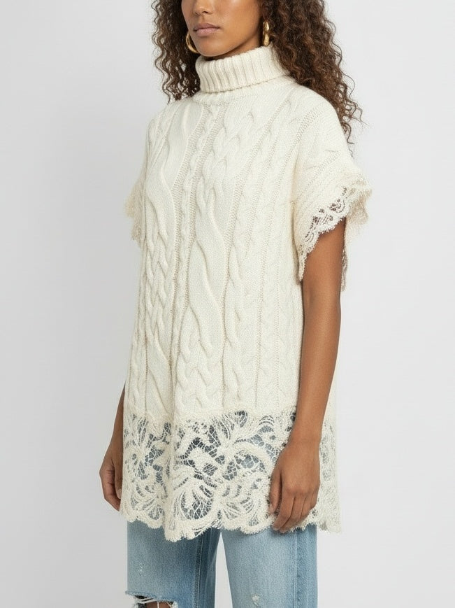 Sleeveless Turtleneck Cable-Knit Sweater with Lace Trim