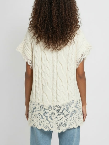 Sleeveless Turtleneck Cable-Knit Sweater with Lace Trim