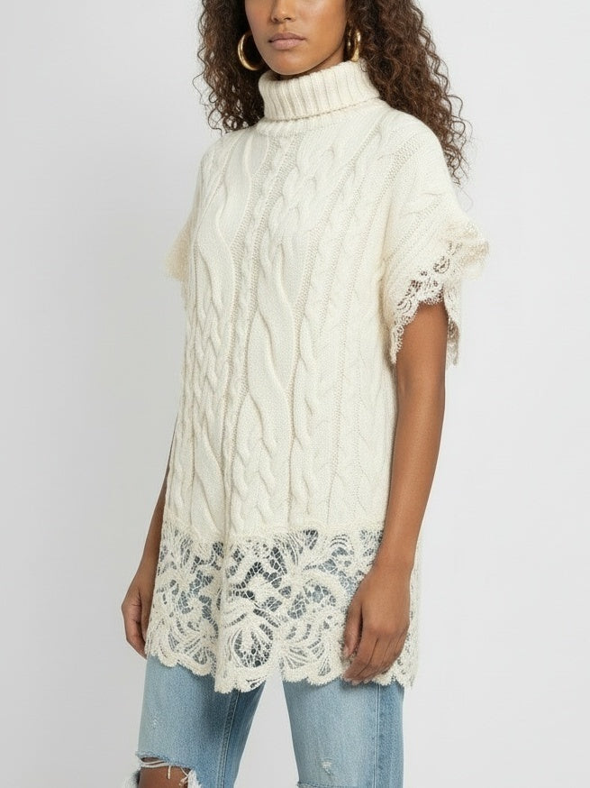 Sleeveless Turtleneck Cable-Knit Sweater with Lace Trim