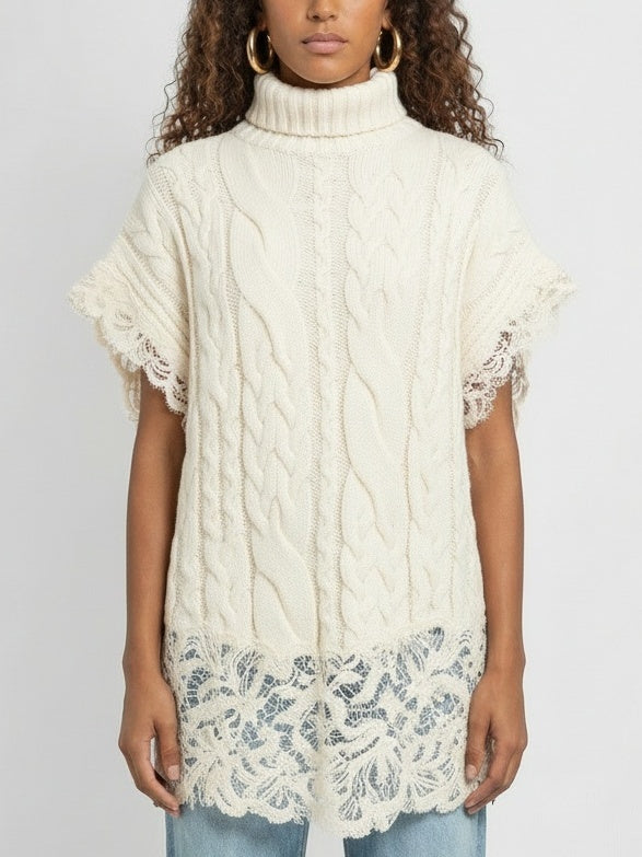Sleeveless Turtleneck Cable-Knit Sweater with Lace Trim