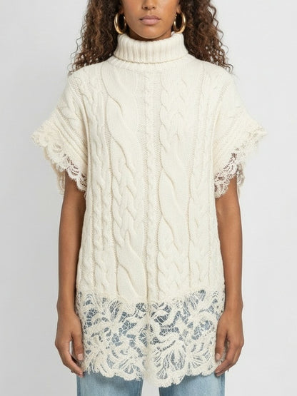 Sleeveless Turtleneck Cable-Knit Sweater with Lace Trim