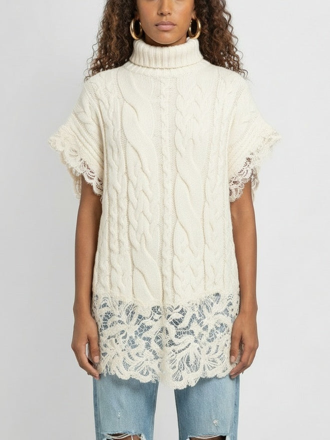 Sleeveless Turtleneck Cable-Knit Sweater with Lace Trim