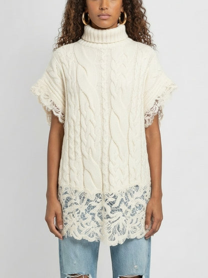 Sleeveless Turtleneck Cable-Knit Sweater with Lace Trim