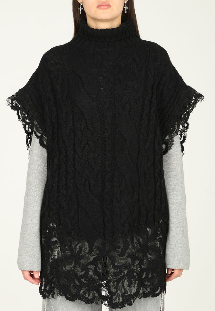 Sleeveless Turtleneck Cable-Knit Sweater with Lace Trim