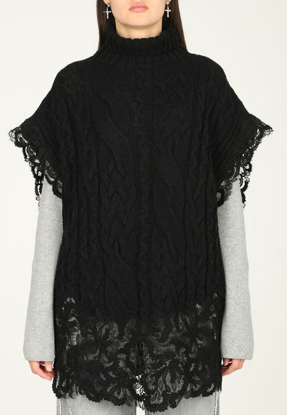 Sleeveless Turtleneck Cable-Knit Sweater with Lace Trim