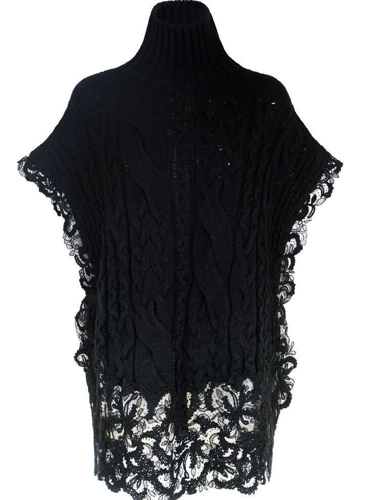 Sleeveless Turtleneck Cable-Knit Sweater with Lace Trim