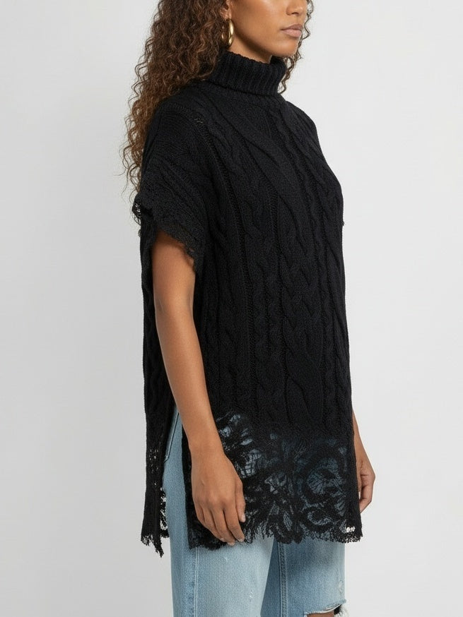 Sleeveless Turtleneck Cable-Knit Sweater with Lace Trim