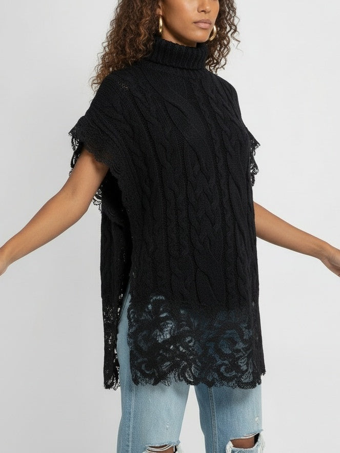 Sleeveless Turtleneck Cable-Knit Sweater with Lace Trim