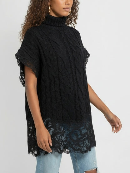 Sleeveless Turtleneck Cable-Knit Sweater with Lace Trim