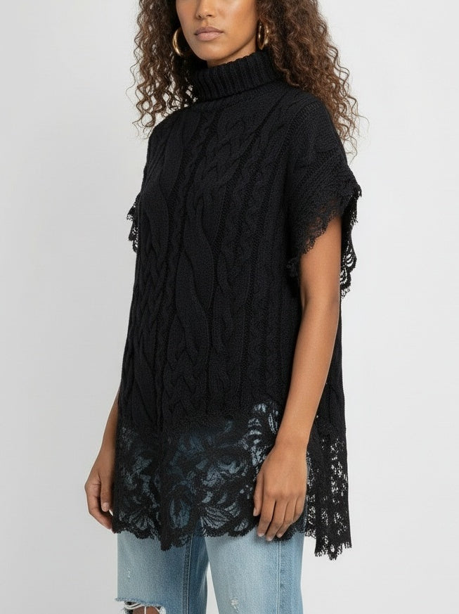 Sleeveless Turtleneck Cable-Knit Sweater with Lace Trim